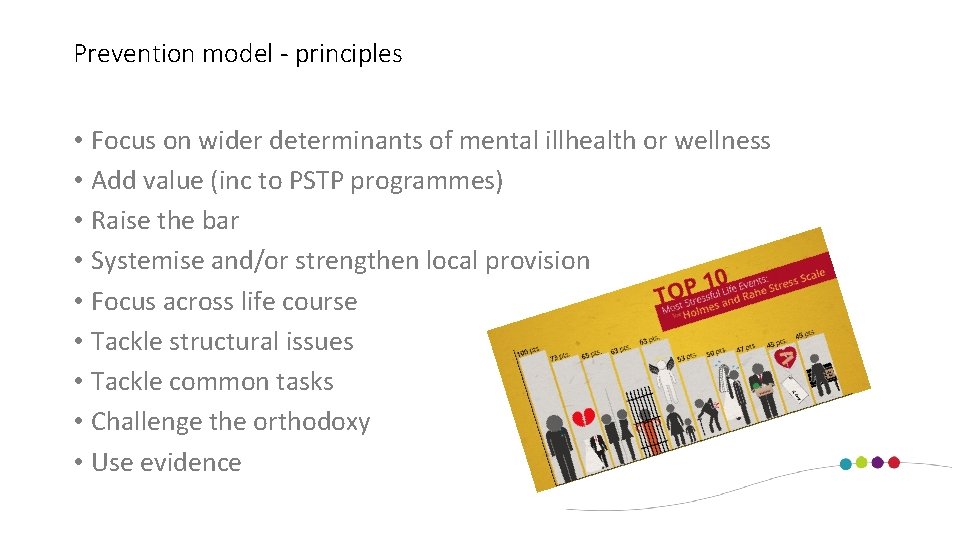 Prevention model - principles • Focus on wider determinants of mental illhealth or wellness