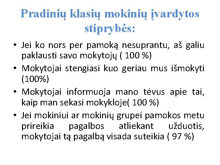 Pradinių klasių mokinių įvardytos stiprybės: • Jei ko nors per pamoką nesuprantu, aš galiu