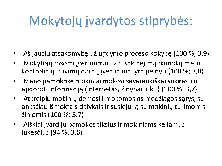 Mokytojų įvardytos stiprybės: • Aš jaučiu atsakomybę už ugdymo proceso kokybę (100 %; 3,