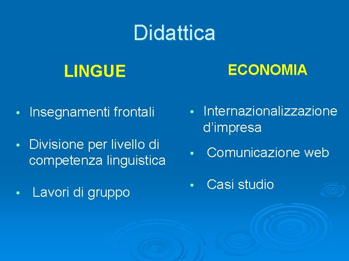 Didattica ECONOMIA LINGUE • Insegnamenti frontali • Internazionalizzazione d’impresa • Divisione per livello di