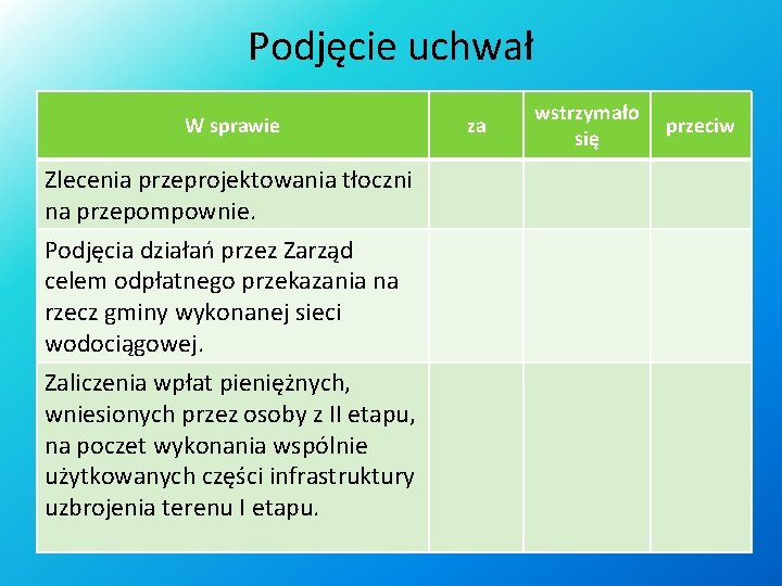 Podjęcie uchwał W sprawie Zlecenia przeprojektowania tłoczni na przepompownie. Podjęcia działań przez Zarząd celem