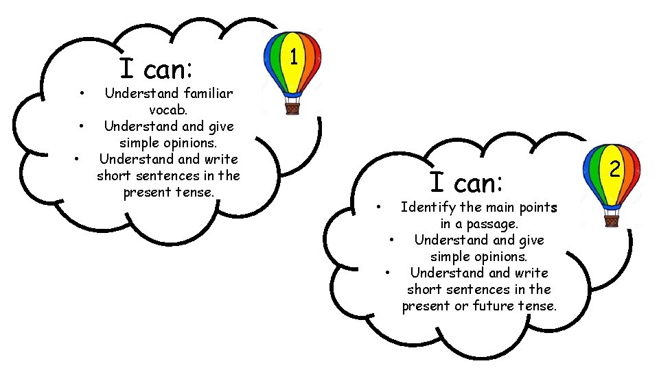 I can: Understand familiar vocab. • Understand give simple opinions. • Understand write short