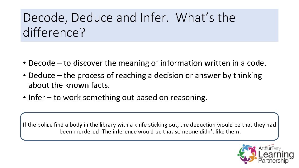 Decode, Deduce and Infer. What’s the difference? • Decode – to discover the meaning