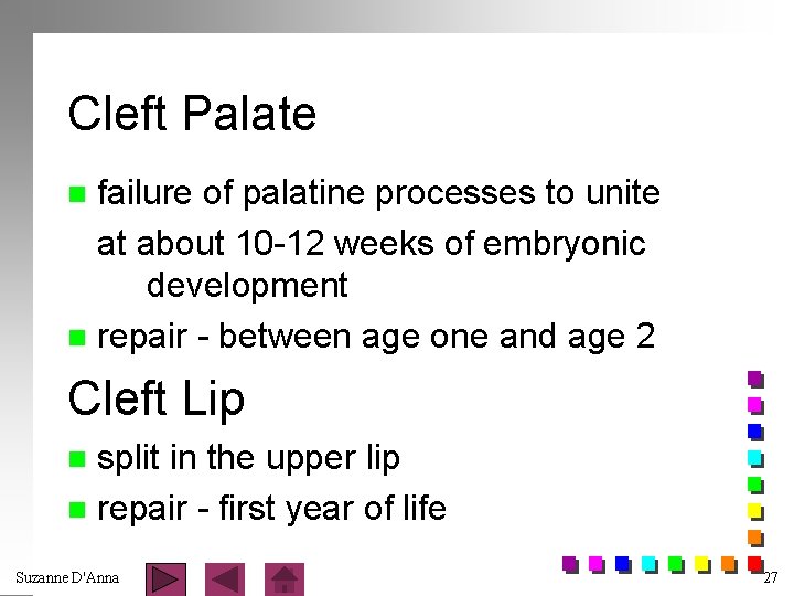 Cleft Palate failure of palatine processes to unite at about 10 -12 weeks of