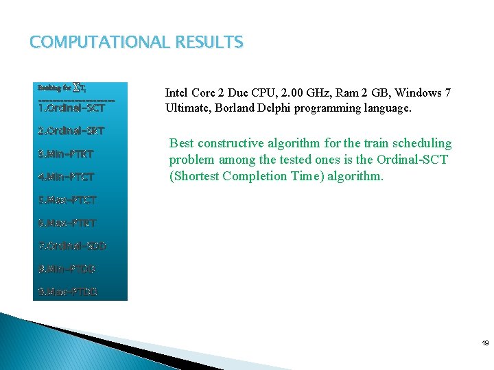 COMPUTATIONAL RESULTS Ranking for ∑Ti ----------- 1. Ordinal-SCT 2. Ordinal-SRT 3. Min-PTRT 4. Min-PTCT