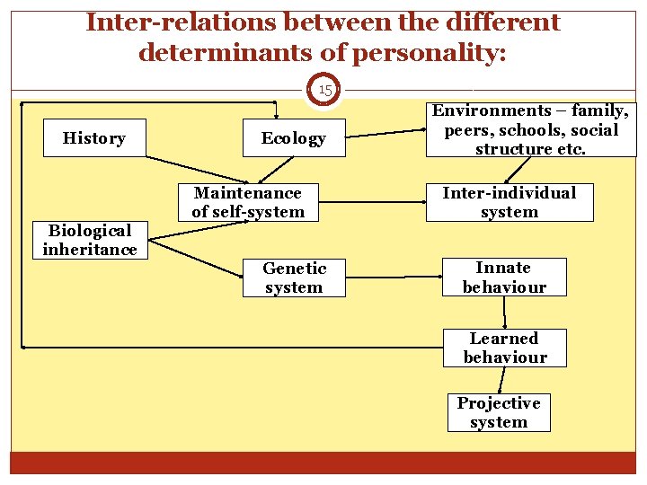 Inter-relations between the different determinants of personality: 15 History Biological inheritance Ecology Maintenance of