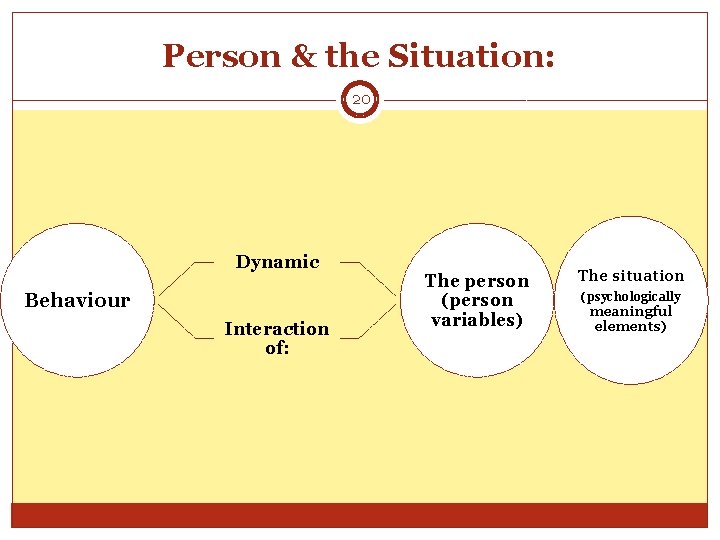 Person & the Situation: 20 Dynamic Behaviour Interaction of: The person (person variables) The