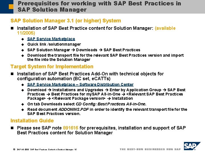 Prerequisites for working with SAP Best Practices in SAP Solution Manager 3. 1 (or