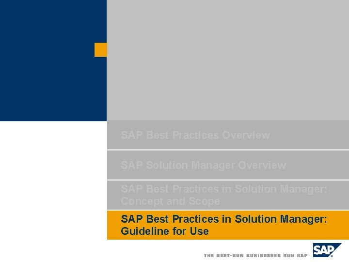 SAP Best Practices Overview SAP Solution Manager Overview SAP Best Practices in Solution Manager: