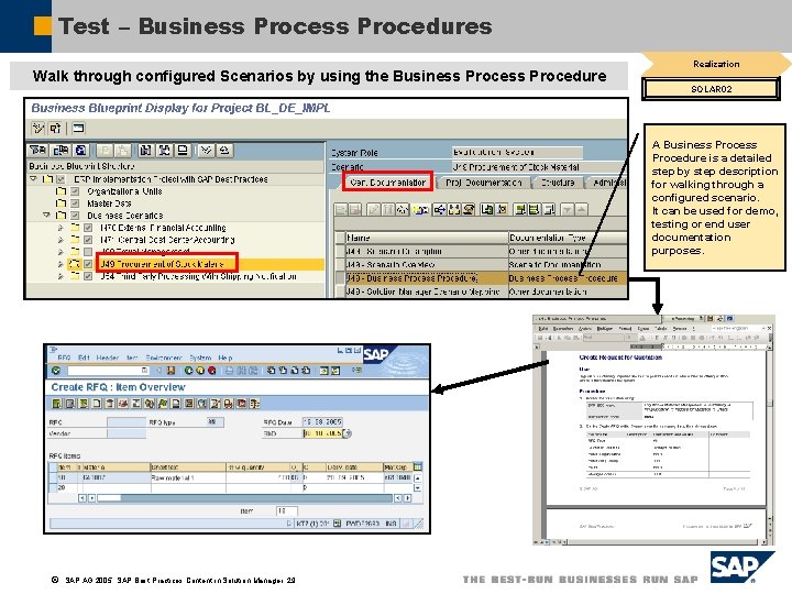 Test – Business Procedures Walk through configured Scenarios by using the Business Procedure Realization