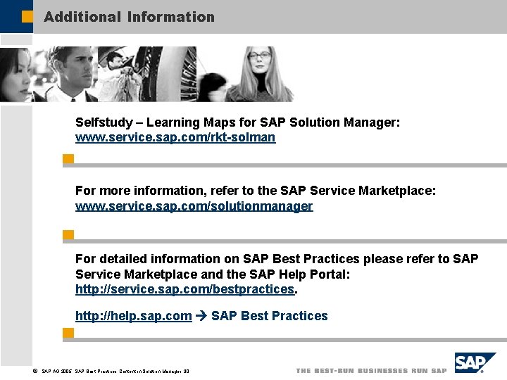 Additional Information Selfstudy – Learning Maps for SAP Solution Manager: www. service. sap. com/rkt-solman