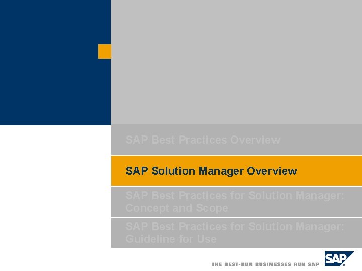 SAP Best Practices Overview SAP Solution Manager Overview SAP Best Practices for Solution Manager: