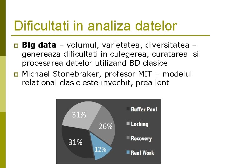 Dificultati in analiza datelor p p Big data – volumul, varietatea, diversitatea – genereaza