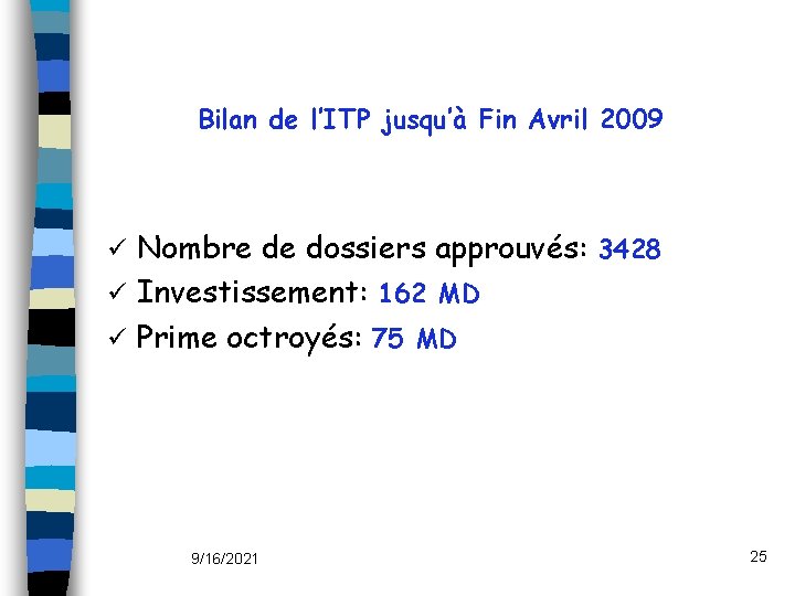 Bilan de l’ITP jusqu’à Fin Avril 2009 Nombre de dossiers approuvés: 3428 ü Investissement: