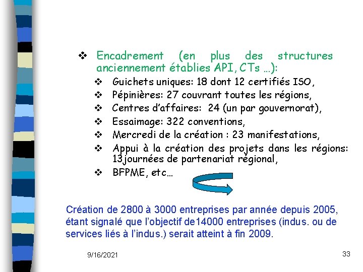 v Encadrement (en plus des structures anciennement établies API, CTs …): Guichets uniques: 18