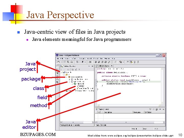 Java Perspective n Java-centric view of files in Java projects n Java elements meaningful