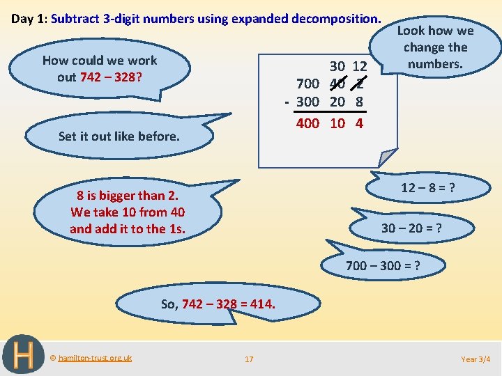 Day 1: Subtract 3 -digit numbers using expanded decomposition. How could we work out