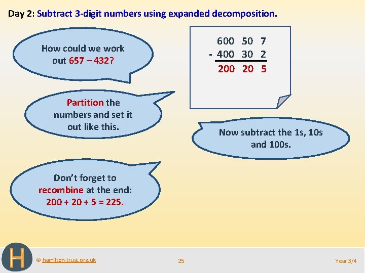 Day 2: Subtract 3 -digit numbers using expanded decomposition. 600 50 7 - 400