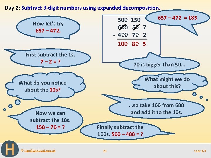 Day 2: Subtract 3 -digit numbers using expanded decomposition. 500 600 - 400 100