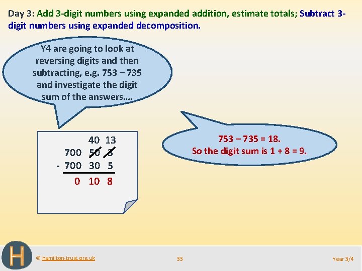 Day 3: Add 3 -digit numbers using expanded addition, estimate totals; Subtract 3 digit