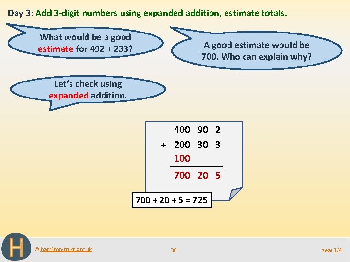 Day 3: Add 3 -digit numbers using expanded addition, estimate totals. What would be