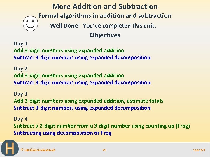 More Addition and Subtraction Formal algorithms in addition and subtraction Well Done! You’ve completed
