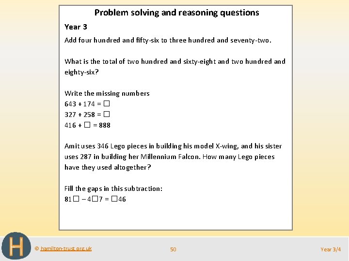 Problem solving and reasoning questions Year 3 Add four hundred and fifty-six to three