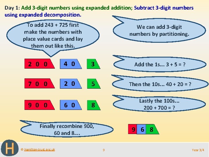 Day 1: Add 3 -digit numbers using expanded addition; Subtract 3 -digit numbers using