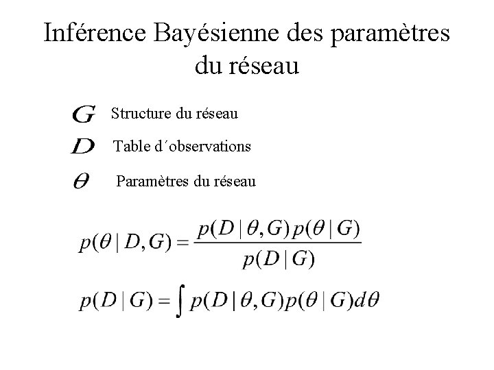 Inférence Bayésienne des paramètres du réseau Structure du réseau Table d´observations Paramètres du réseau
