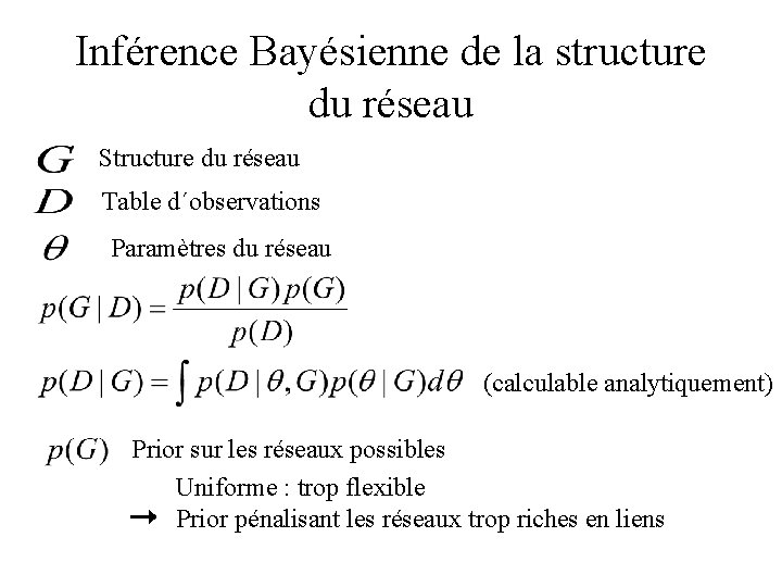 Inférence Bayésienne de la structure du réseau Structure du réseau Table d´observations Paramètres du