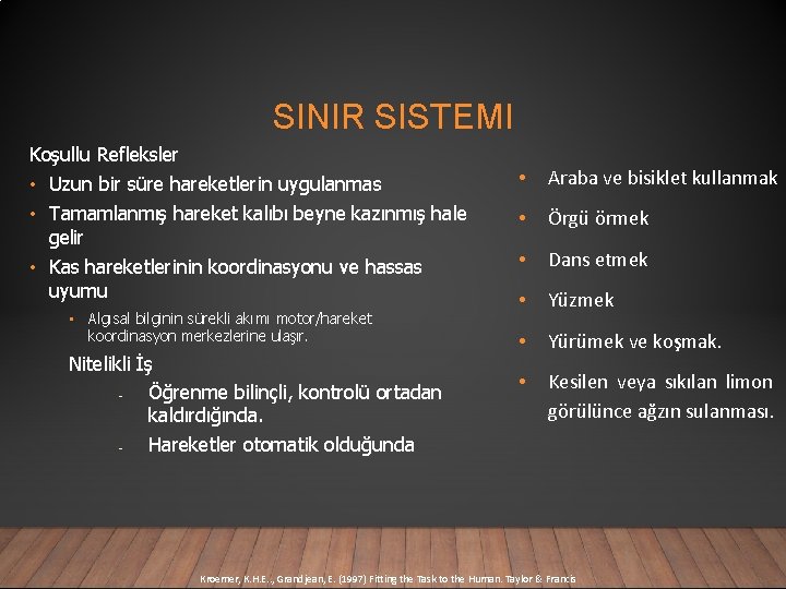 SINIR SISTEMI Koşullu Refleksler • Uzun bir süre hareketlerin uygulanmas • Tamamlanmış hareket kalıbı