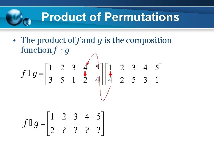 Product of Permutations • The product of f and g is the composition function