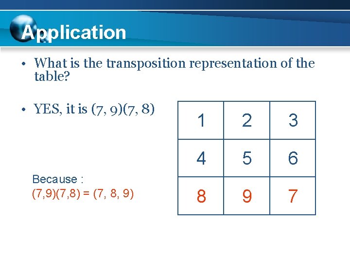 Application • What is the transposition representation of the table? • YES, it is