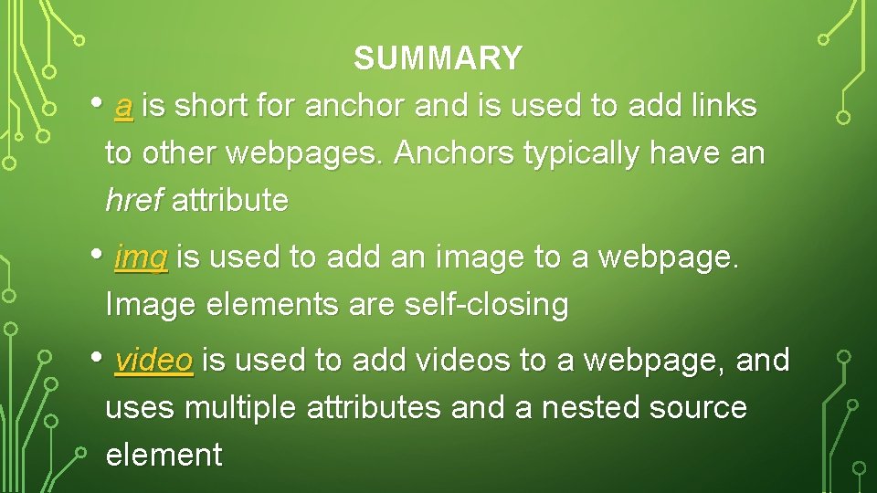 SUMMARY • a is short for anchor and is used to add links to