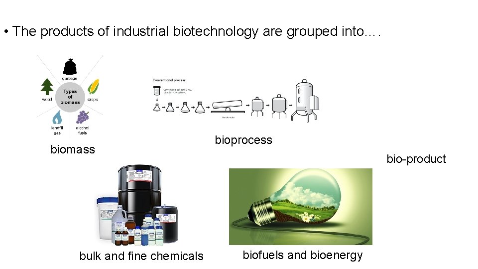  • The products of industrial biotechnology are grouped into…. biomass bulk and fine