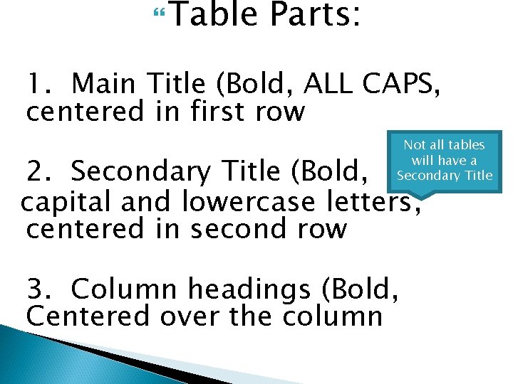  Table Parts: 1. Main Title (Bold, ALL CAPS, centered in first row Not