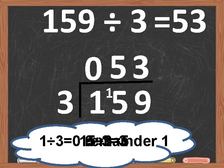 159 ÷ 3 =53 0 15 3 3 159 1÷ 3=015÷ 3=5 remainder 9÷