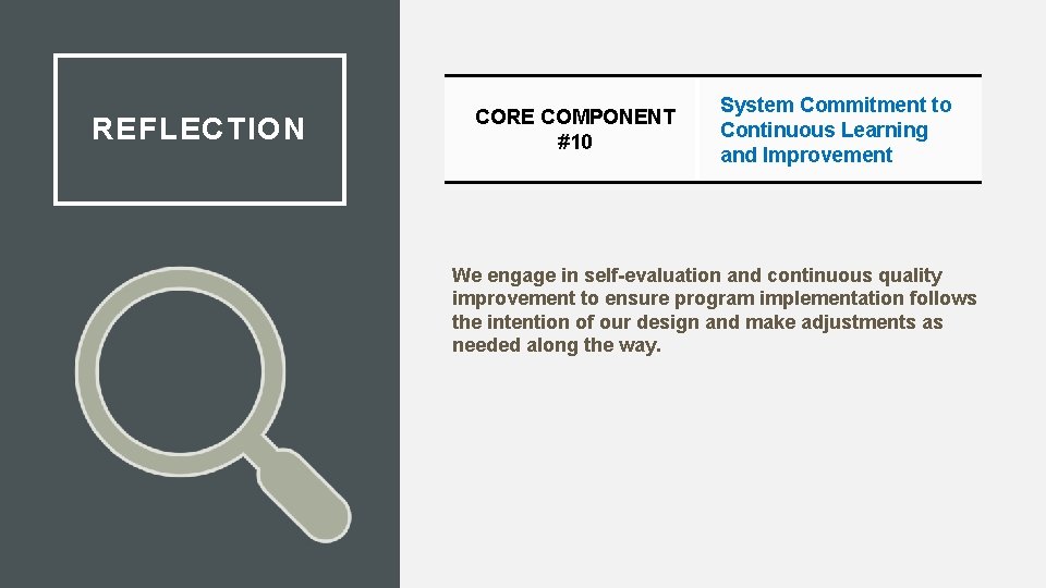 REFLECTION CORE COMPONENT #10 System Commitment to Continuous Learning and Improvement We engage in