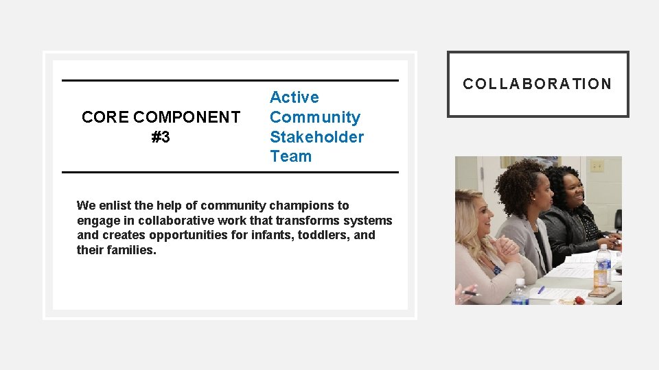 CORE COMPONENT #3 Active Community Stakeholder Team We enlist the help of community champions