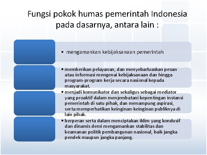 Fungsi pokok humas pemerintah Indonesia pada dasarnya, antara lain : • mengamankan kebijaksanaan pemerintah