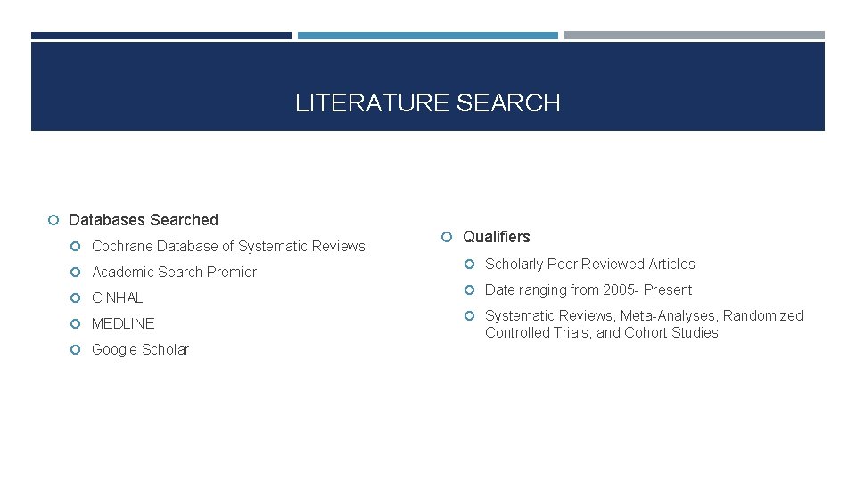 LITERATURE SEARCH Databases Searched Cochrane Database of Systematic Reviews Academic Search Premier CINHAL MEDLINE