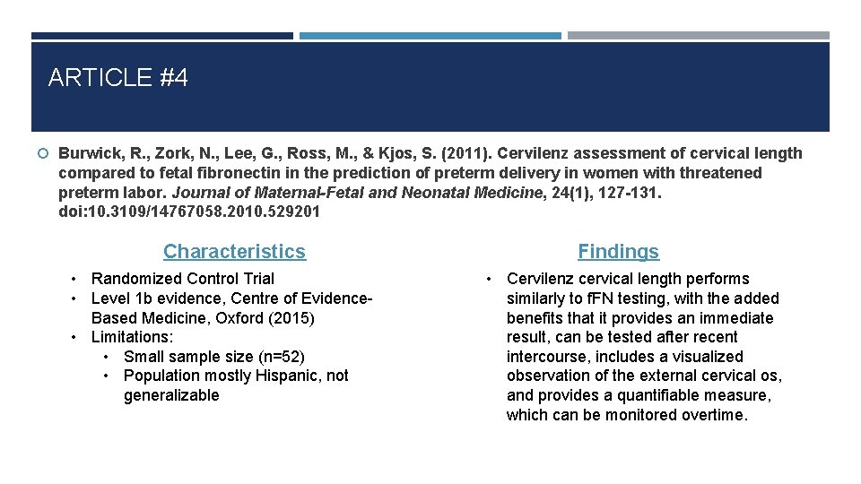 ARTICLE #4 Burwick, R. , Zork, N. , Lee, G. , Ross, M. ,