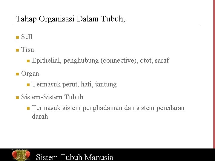 Tahap Organisasi Dalam Tubuh; n n Sell Tisu n Epithelial, penghubung (connective), otot, saraf