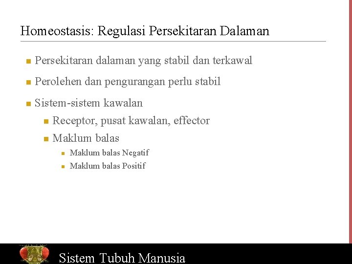 Homeostasis: Regulasi Persekitaran Dalaman n Persekitaran dalaman yang stabil dan terkawal n Perolehen dan