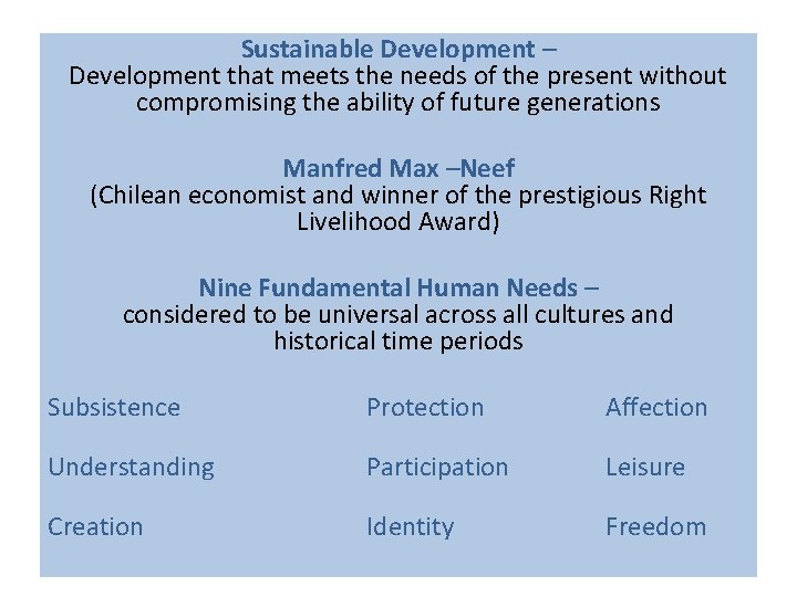 Sustainable Development – Development that meets the needs of the present without compromising the