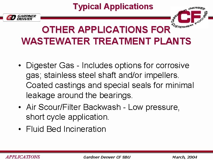 Typical Applications OTHER APPLICATIONS FOR WASTEWATER TREATMENT PLANTS • Digester Gas - Includes options