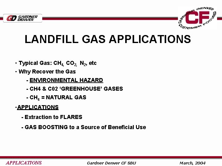 LANDFILL GAS APPLICATIONS • Typical Gas: CH 4, CO 2, N 2, etc •