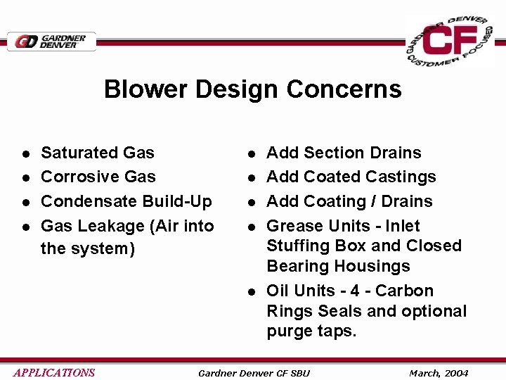 Blower Design Concerns l l Saturated Gas Corrosive Gas Condensate Build-Up Gas Leakage (Air