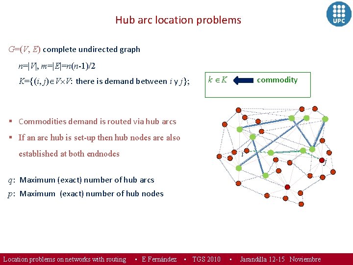 Hub arc location problems G=(V, E) complete undirected graph n=|V|, m=|E|=n(n-1)/2 K={(i, j) V