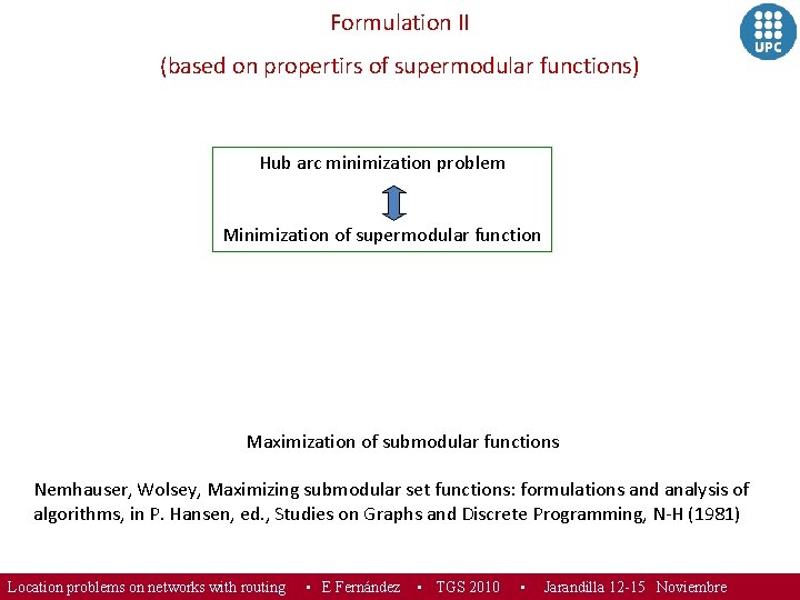 Formulation II (based on propertirs of supermodular functions) Hub arc minimization problem Minimization of